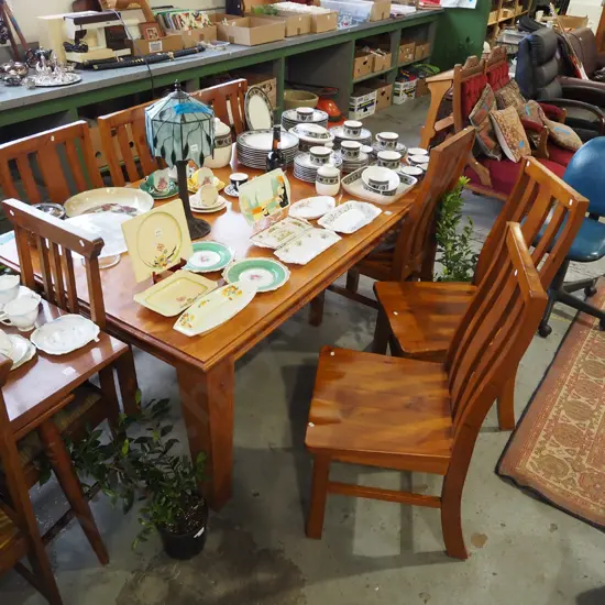 large solid pine dining table with 2x end drawers and 6 matching high back chairs H760 W1820 D1040