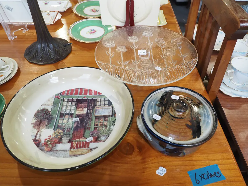 glass footed cake plate, pottery lidded bowl, salad bowl Image 1++