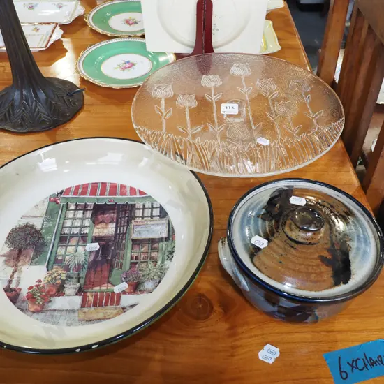 glass footed cake plate, pottery lidded bowl, salad bowl
