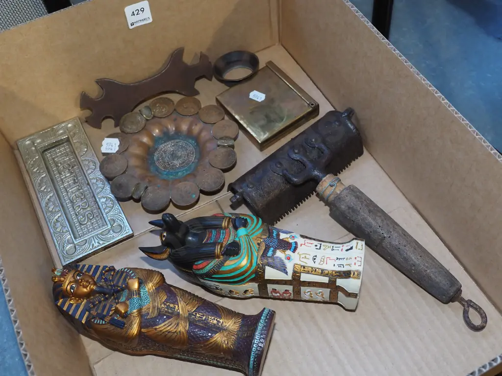 box; vintage hand held scraper, brass cigarette tin, Egyptian souvenir ware etc Image 1++