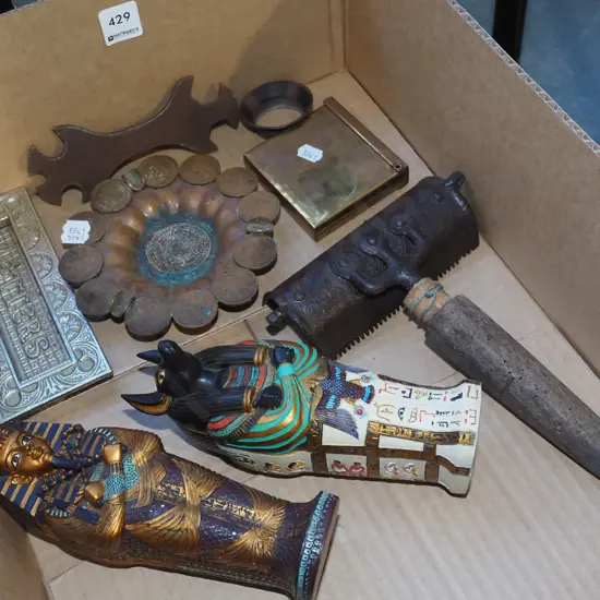 box; vintage hand held scraper, brass cigarette tin, Egyptian souvenir ware etc
