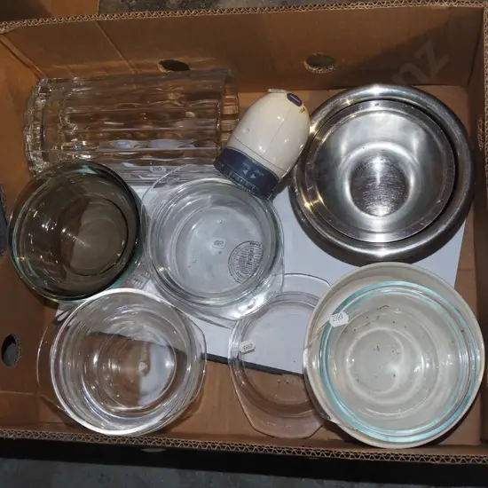 box; glass and stainless steel bowls, lint remover etc