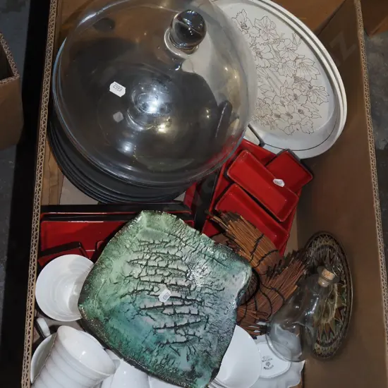 box; cake stand, cover dish, Crown Lynn plates, sauce dishes etc