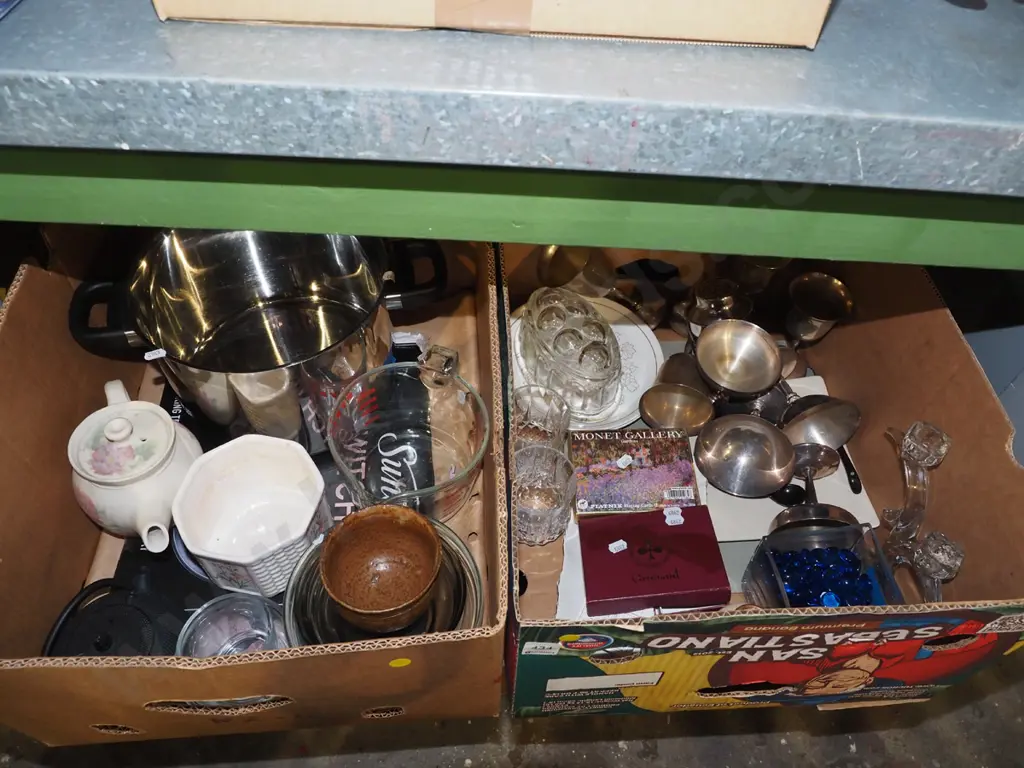 2 boxes; plated ware comports, playing cards, measuring jug, stock pot - no lid - yellow dots Image 1++