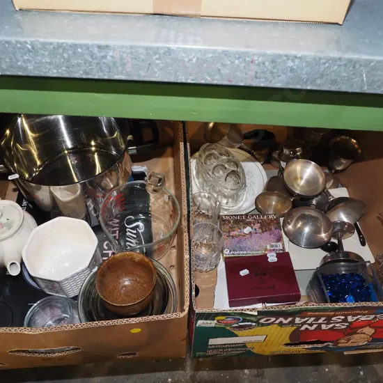 2 boxes; plated ware comports, playing cards, measuring jug, stock pot - no lid - yellow dots