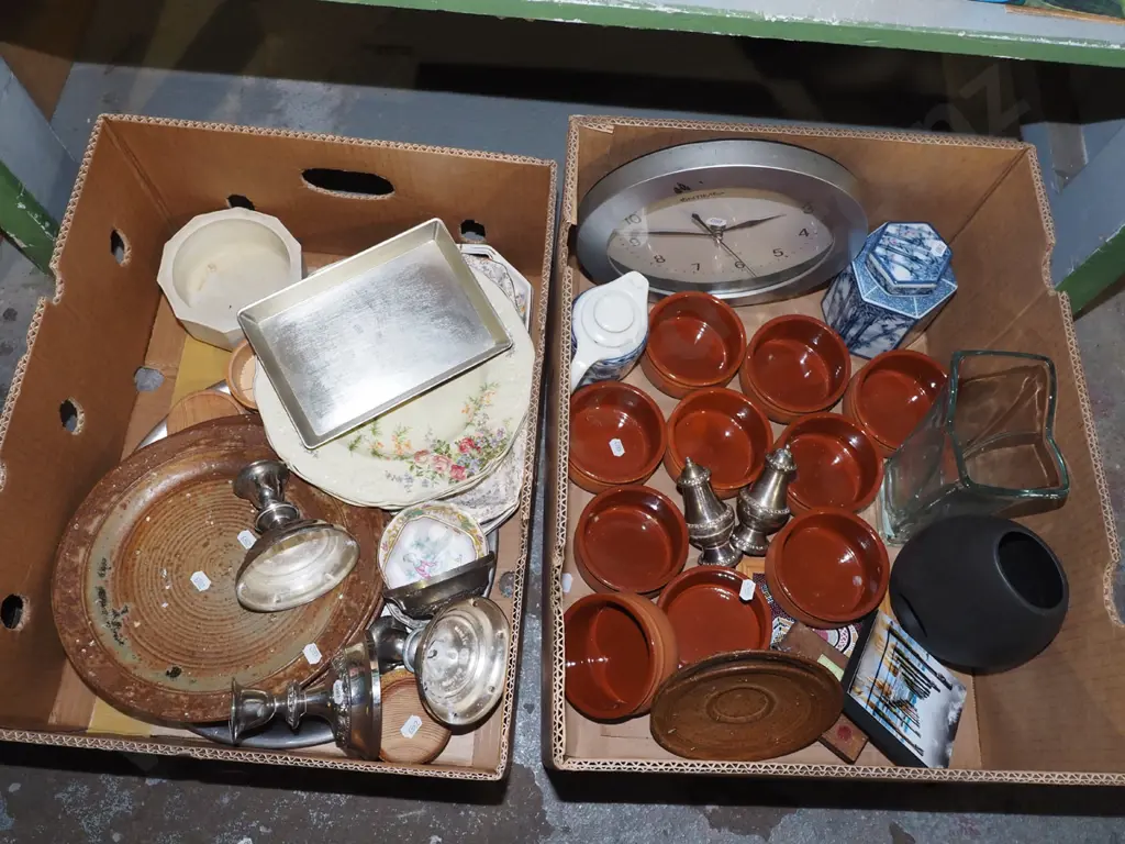 2x boxes; terracotta rammekins, wall clock, candlesticks etc - red dots Image 1++