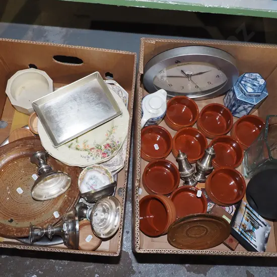 2x boxes; terracotta rammekins, wall clock, candlesticks etc - red dots
