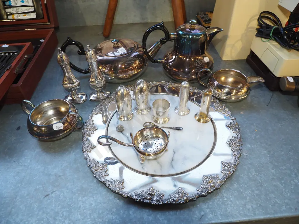 plated and marble trays, creamer, teapot etc Image 1++