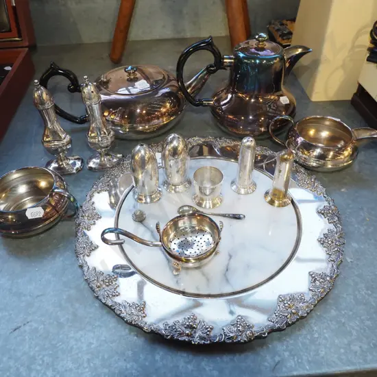 plated and marble trays, creamer, teapot etc