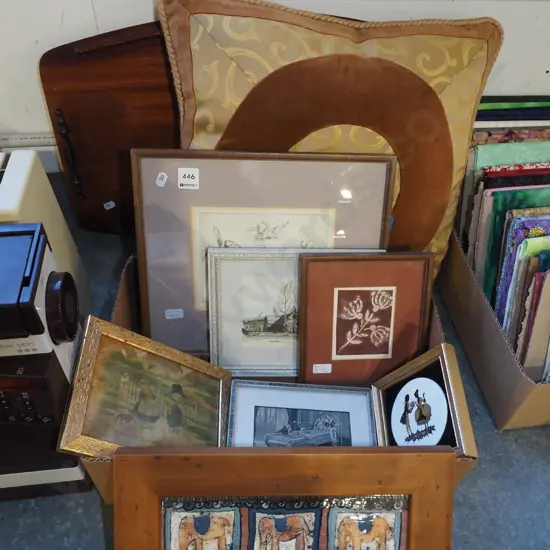 tray; cushion, artworks