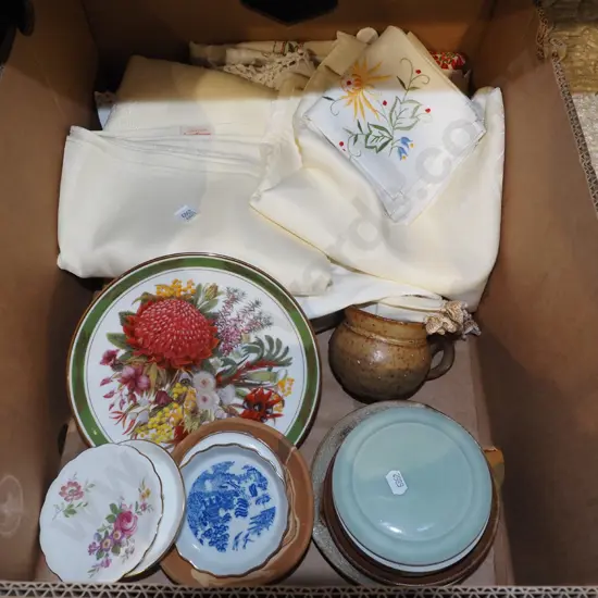 box; linen, plates, trinket boxes etc