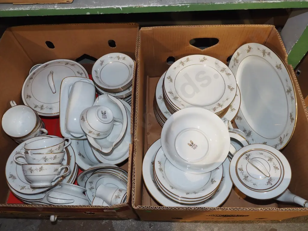 2x boxes of Japanese dinner items; plates, teapot, bowls etc - green dots Image 1++