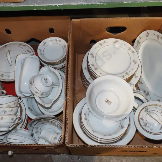 2x boxes of Japanese dinner items; plates, teapot, bowls etc - green dots