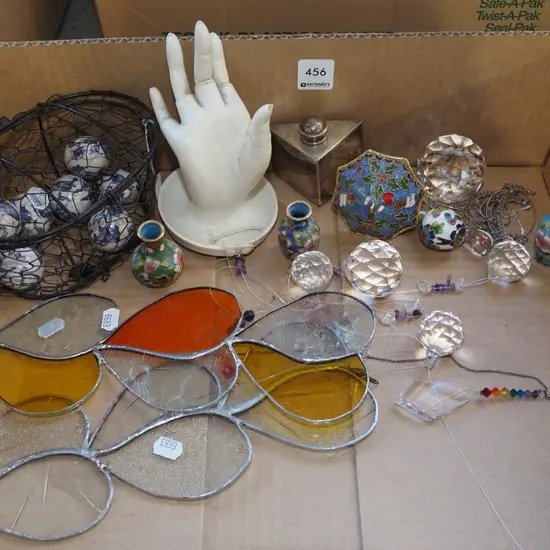 box; hand ring stand, leadlight window hangers, metal basket etc