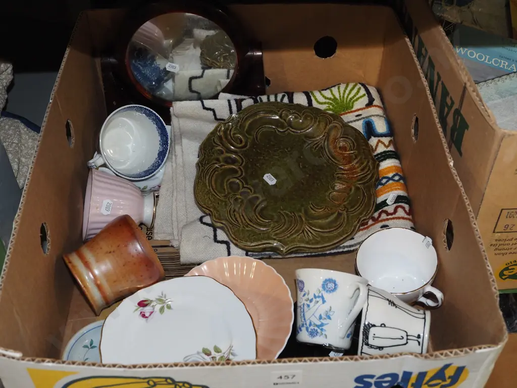 box; South American needlework tablecloth, dishes, plastic cheval mirror etc Image 1++