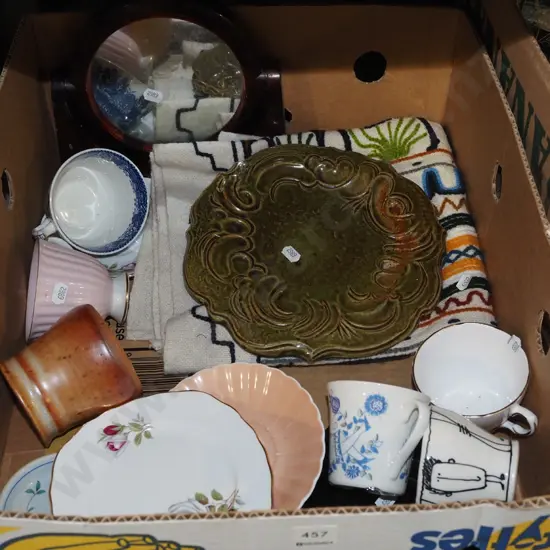 box; South American needlework tablecloth, dishes, plastic cheval mirror etc