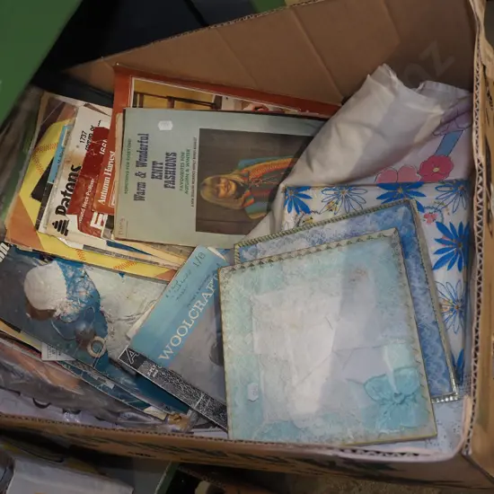 box; knitting patterns, lace napkins, tablecloth etc