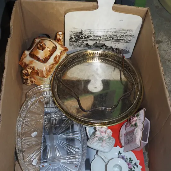 box; tray, cottage teapot, segmented crystal dish etc