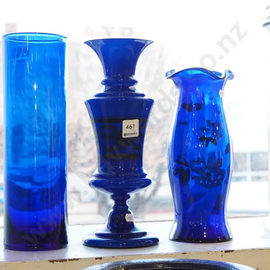 3x blue glass vases Tallest H290
