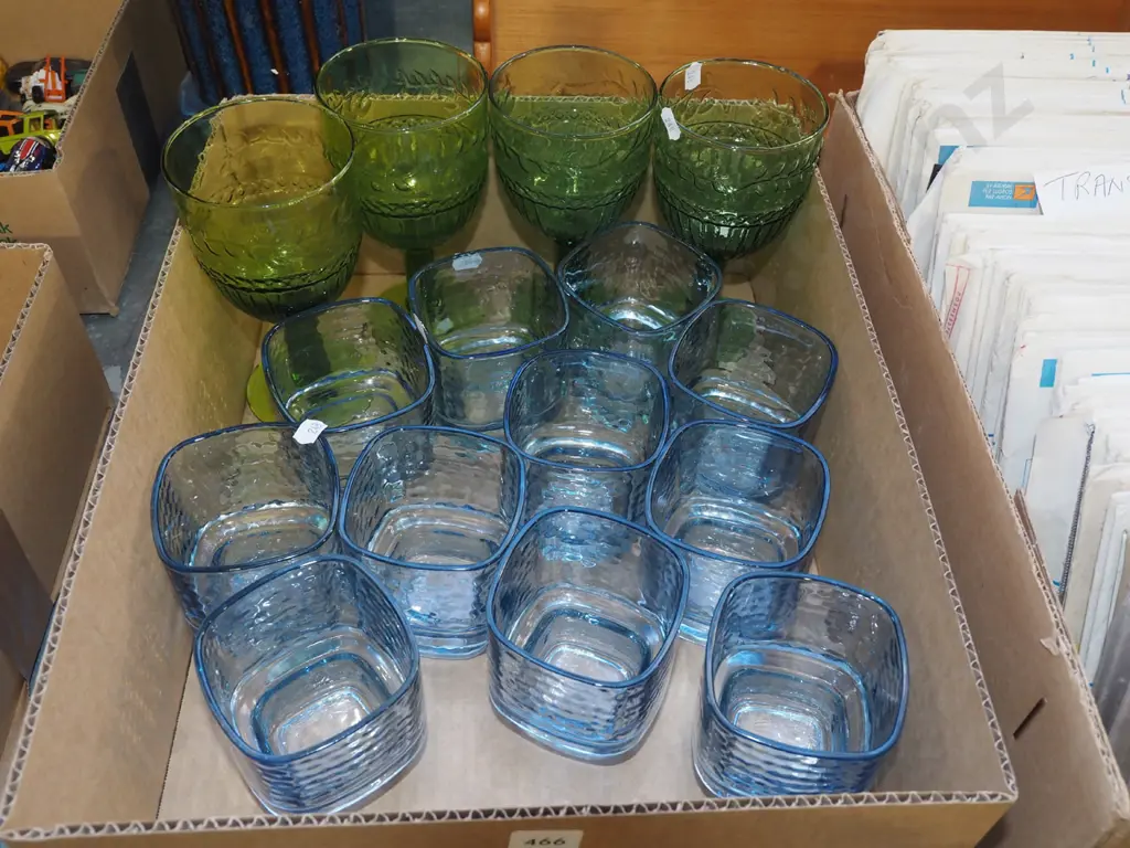 box; green glass goblets, blue glass tumblers Image 1++