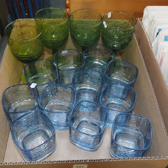 box; green glass goblets, blue glass tumblers