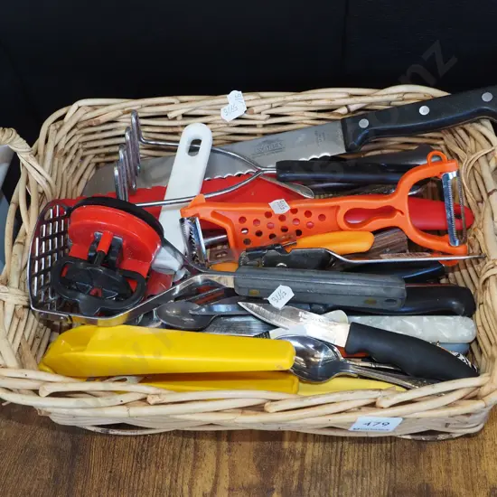 cane basket; kitchen utensils