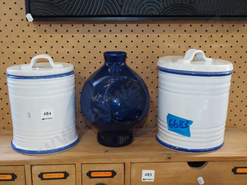 2x lidded ceramic canisters, blue glass tea candle lantern with poished glass stones H200 Image 1++