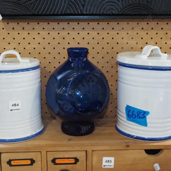 2x lidded ceramic canisters, blue glass tea candle lantern with poished glass stones H200