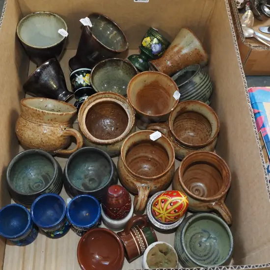 box; pottery cups, egg cups, painted eggs