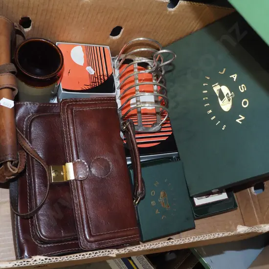 box; plates, toast rack, handbags etc