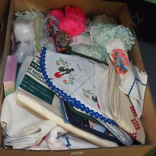 box; hand worked linen, knitting yarn etc