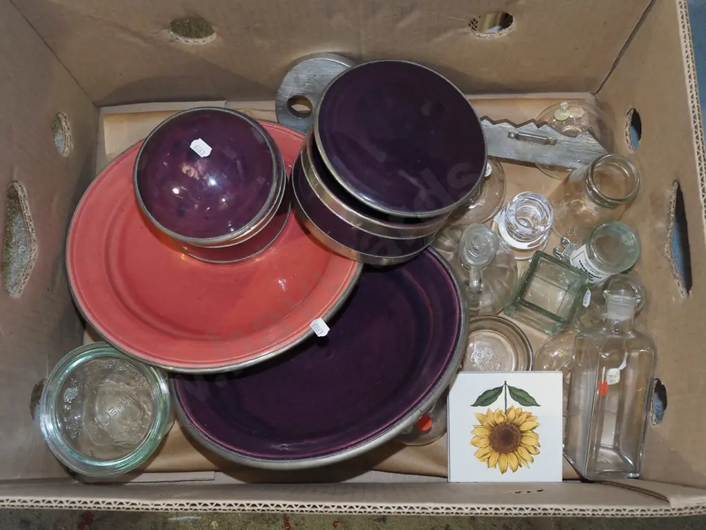 box; lidded canisters, plates, vinegar bottles etc Image 1++