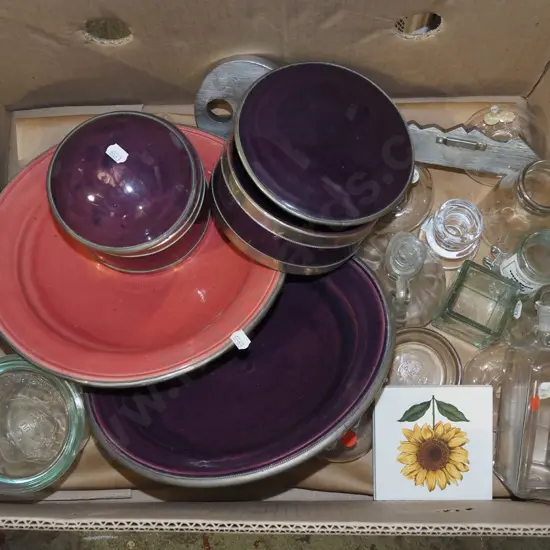 box; lidded canisters, plates, vinegar bottles etc