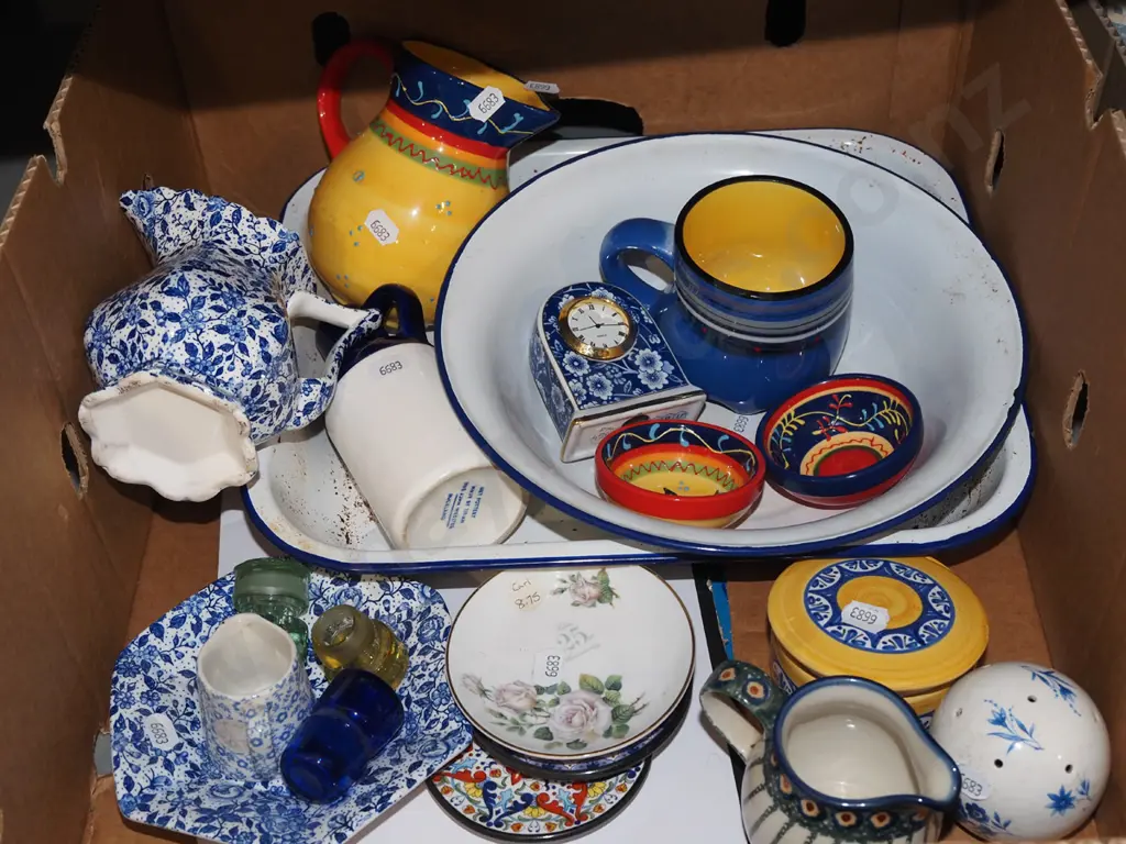 box; enamel bowl, baking dish, hand painted jug etc Image 1++