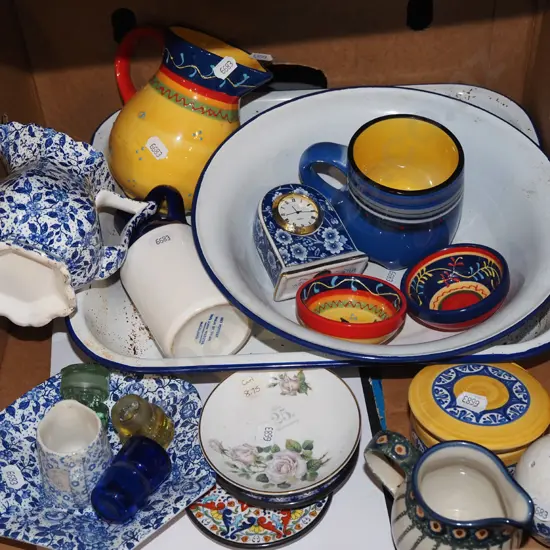 box; enamel bowl, baking dish, hand painted jug etc