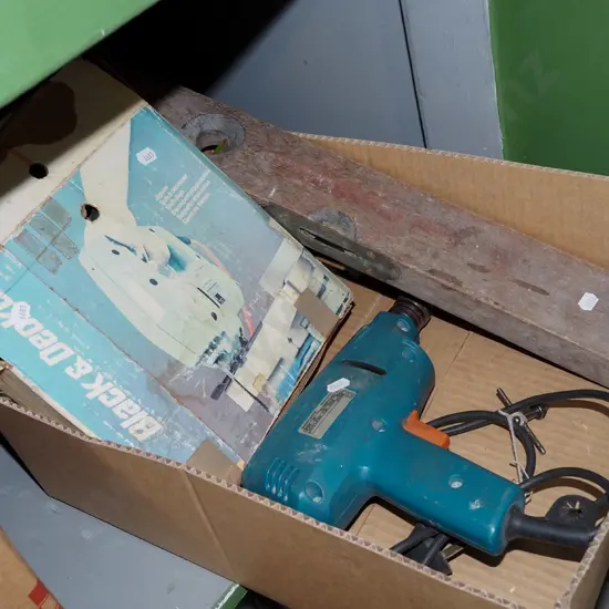 box; vintage builder's level, jigsaw etc