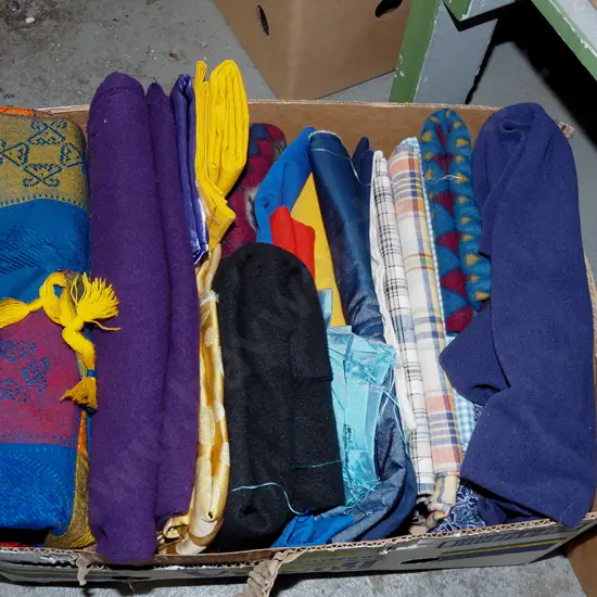 box of fabric pieces