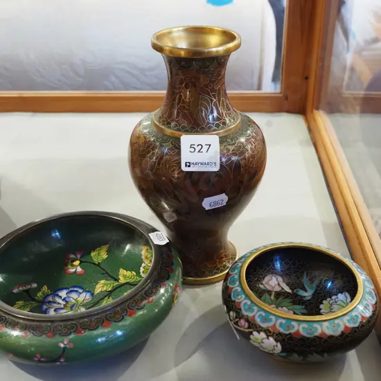 2x cloisonne bowls, vase H190