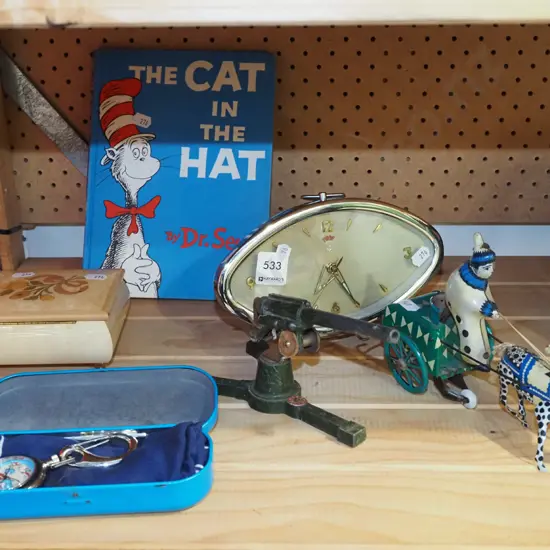 Cat in the Hat book, retro alarm clcok, toy gun etc