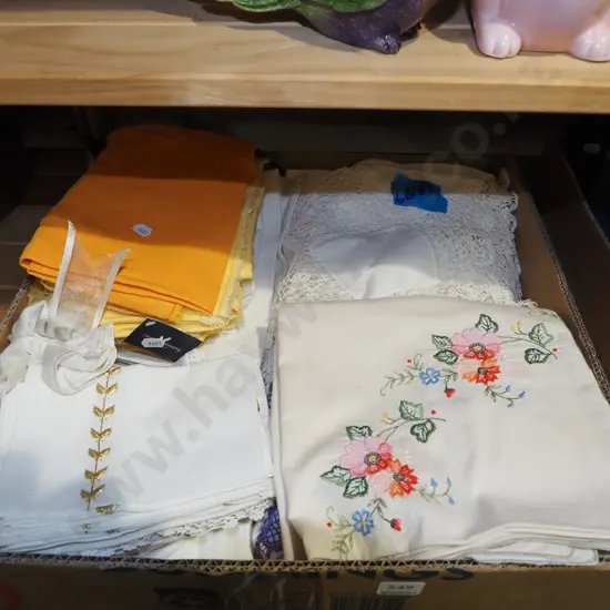 box; tablecloths, hand worked linen etc