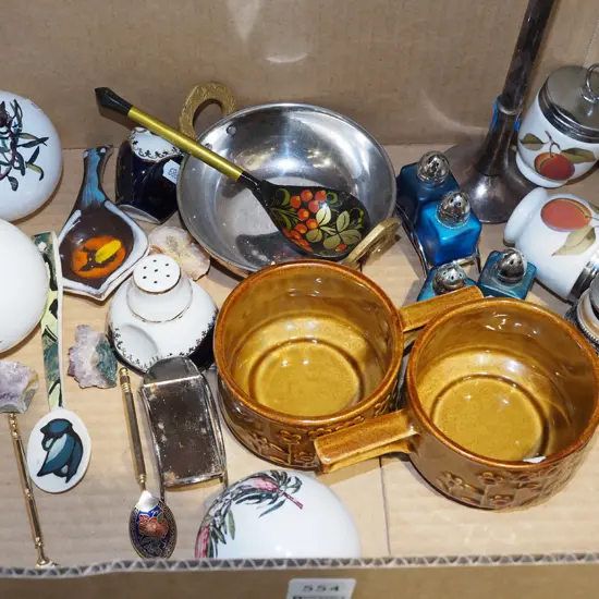 box; copper dishes, Crown Lynn soup bowls, Xmas tree decorations etc