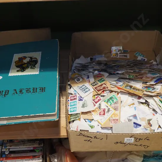 box of stamps, empty stamp album