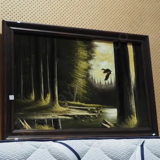 oil on velvet - duck landing in stream