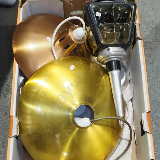 2x spun aluminium  ceiling light fittings and a carriage lantern style outdoor light