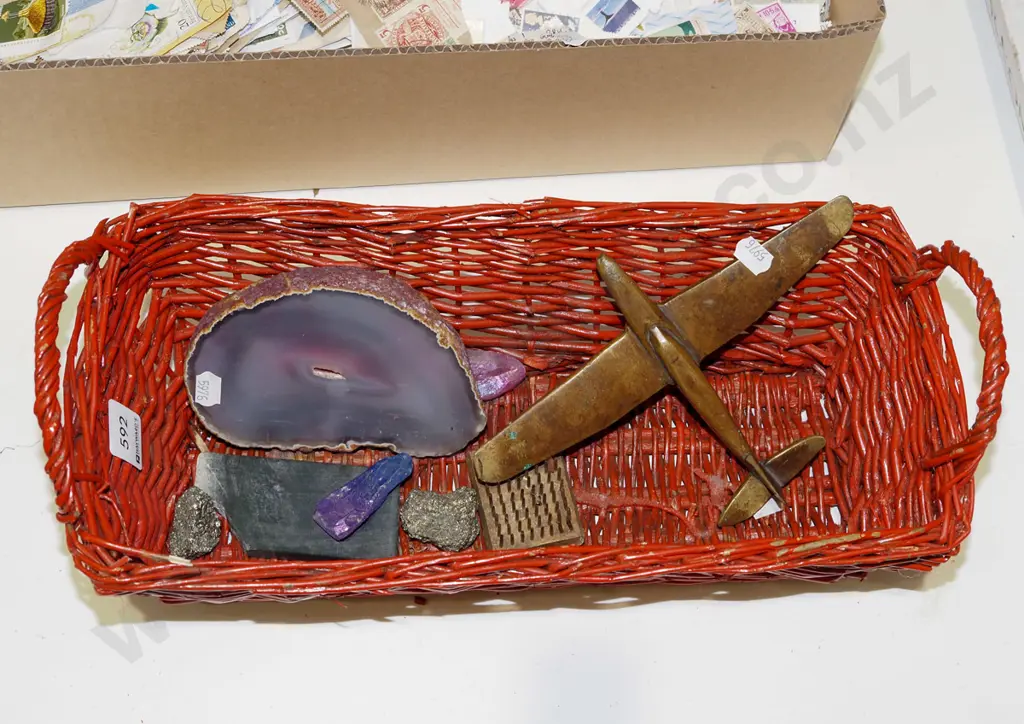 cane basket, homemade brass plane, polished gemstones Image 1++
