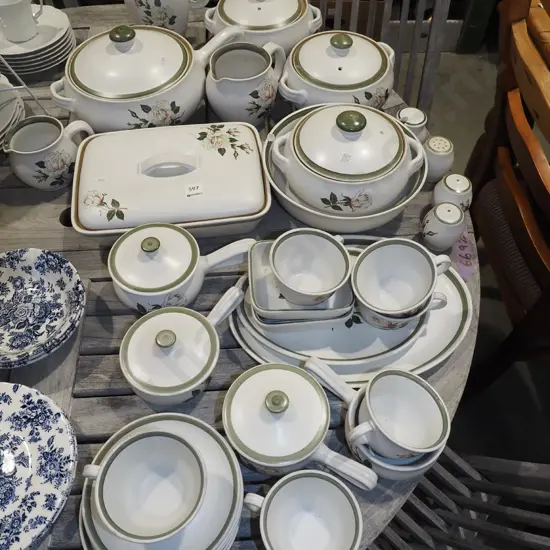 Denby rose patterned cups, plates, baking dishes, casseroles etc