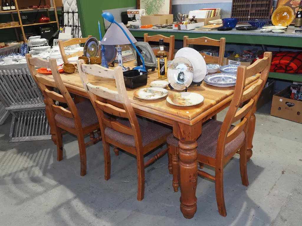 solid pine dining table with 6 ladder back chairs - varnish needs attention H770 W1800 D1000 Image 1++