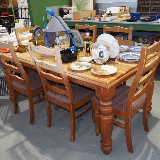 solid pine dining table with 6 ladder back chairs - varnish needs attention H770 W1800 D1000