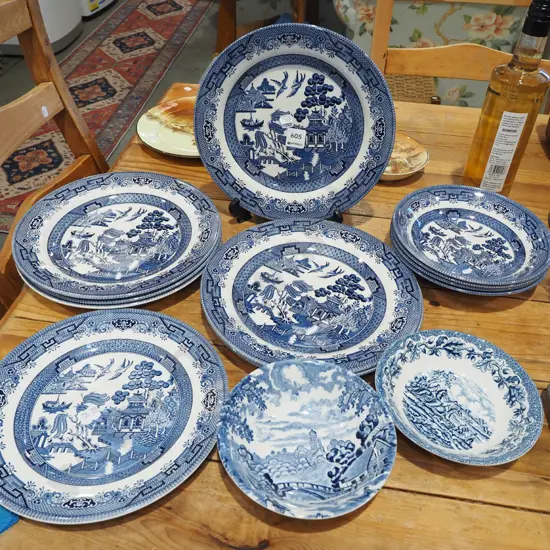 willow pattern plates, bowls etc