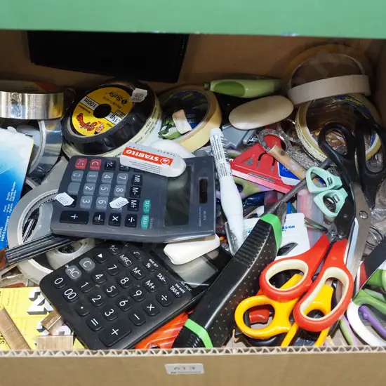 box; calculators, scissors, staples etc
